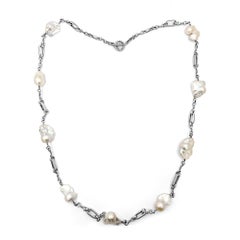 Medium White Baroque Pearl Long Single Strand Necklace in Sterling Silver
