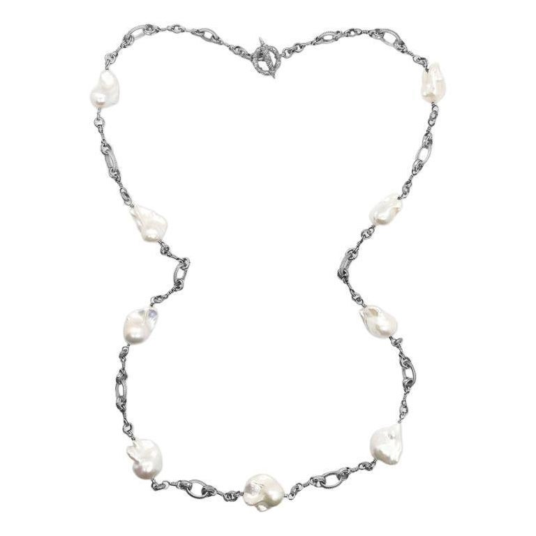 Mittlere weiße Barockperle, lange einreihige Halskette aus Sterling Silber