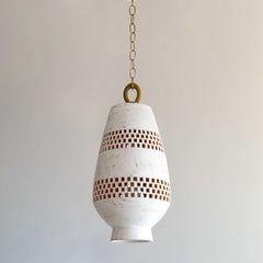 Medium White Ceramic Pendant Light, Brushed Brass, Ajedrez Atzompa Collection