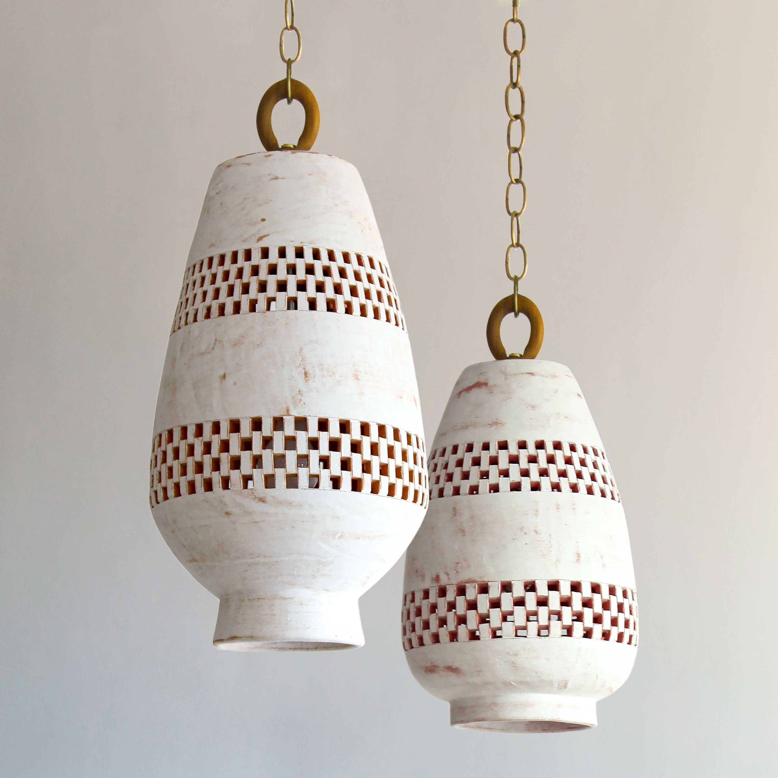 Mexican Medium White Ceramic Pendant Light, Natural Brass, Ajedrez Atzompa Collection For Sale