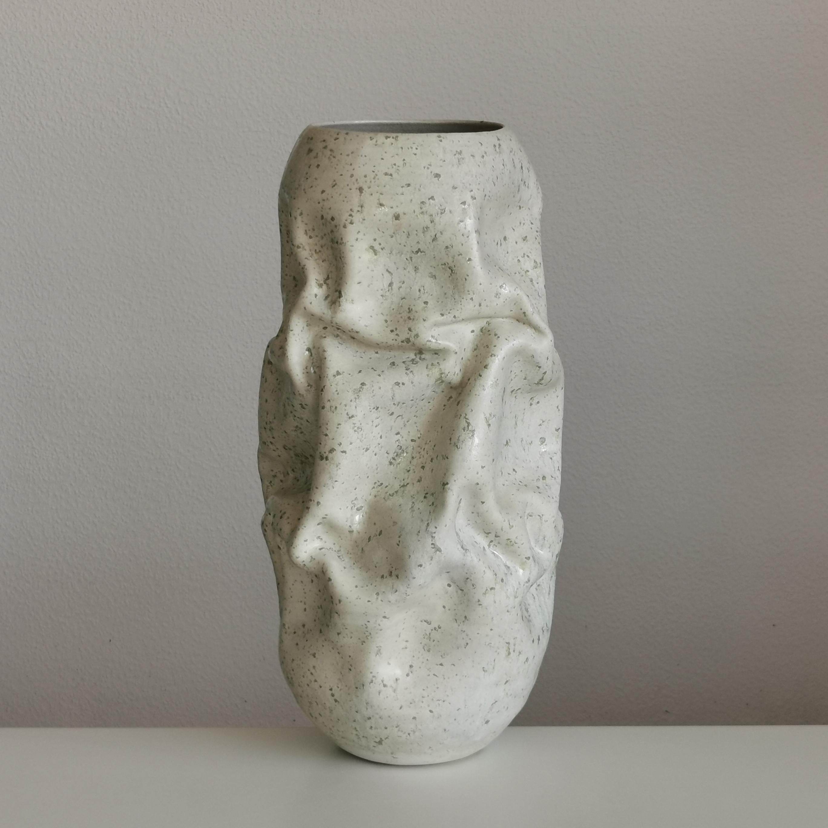 Medium White Crumpled Form, Green Chrystals, Vessel No.128, Ceramic Sculpture For Sale 4