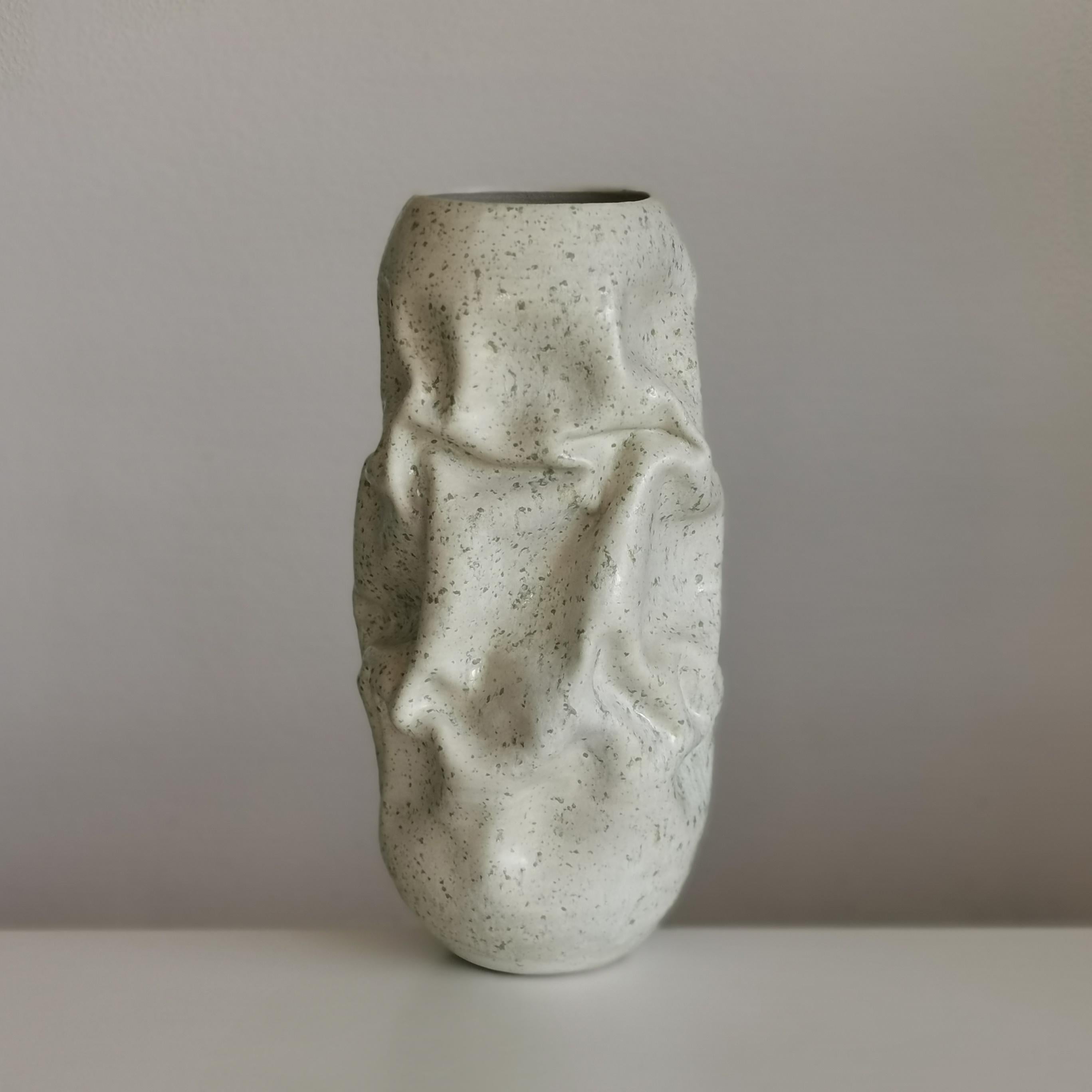 Medium White Crumpled Form, Green Chrystals, Vessel No.128, Ceramic Sculpture For Sale 5