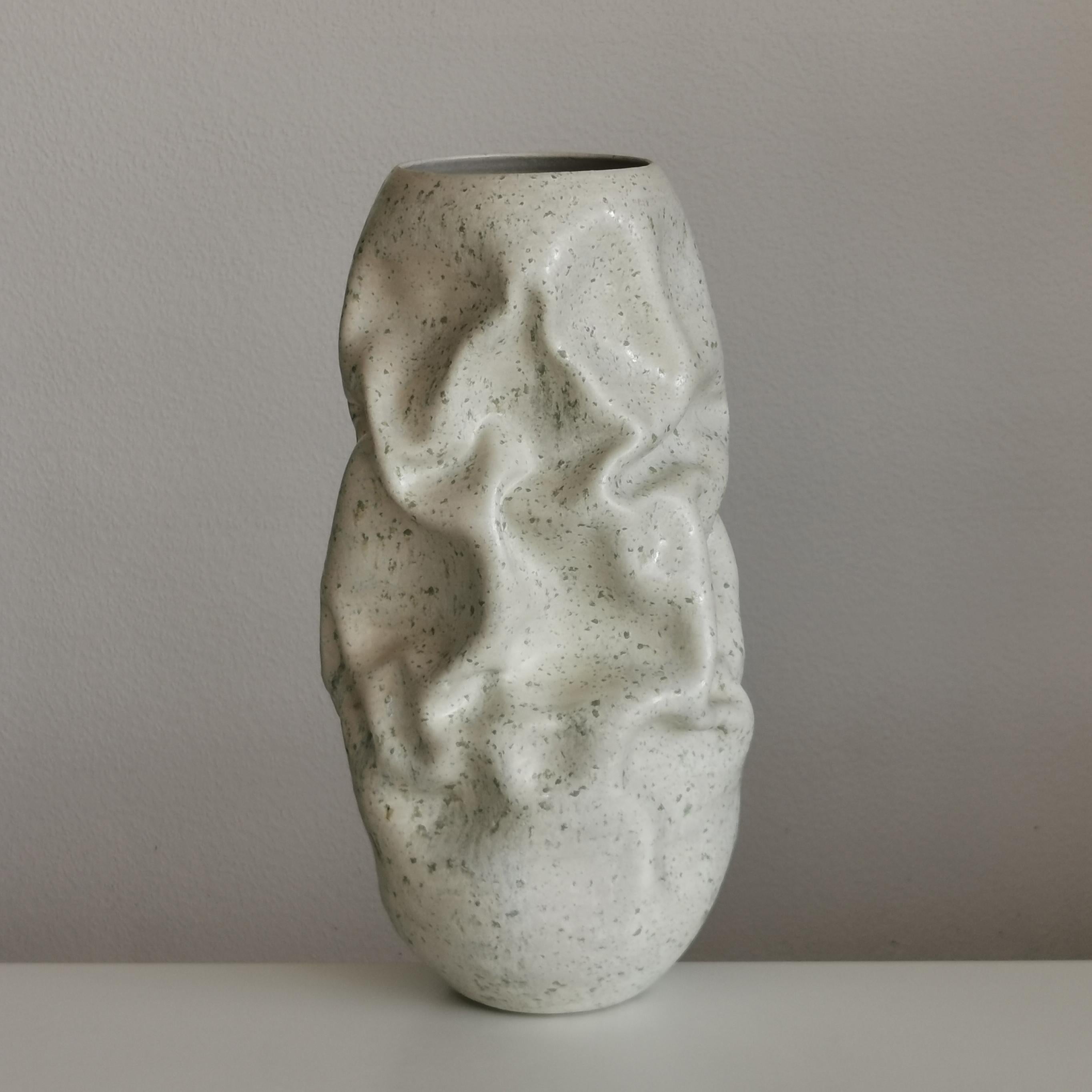 Organic Modern Medium White Crumpled Form, Green Chrystals, Vessel No.128, Ceramic Sculpture For Sale