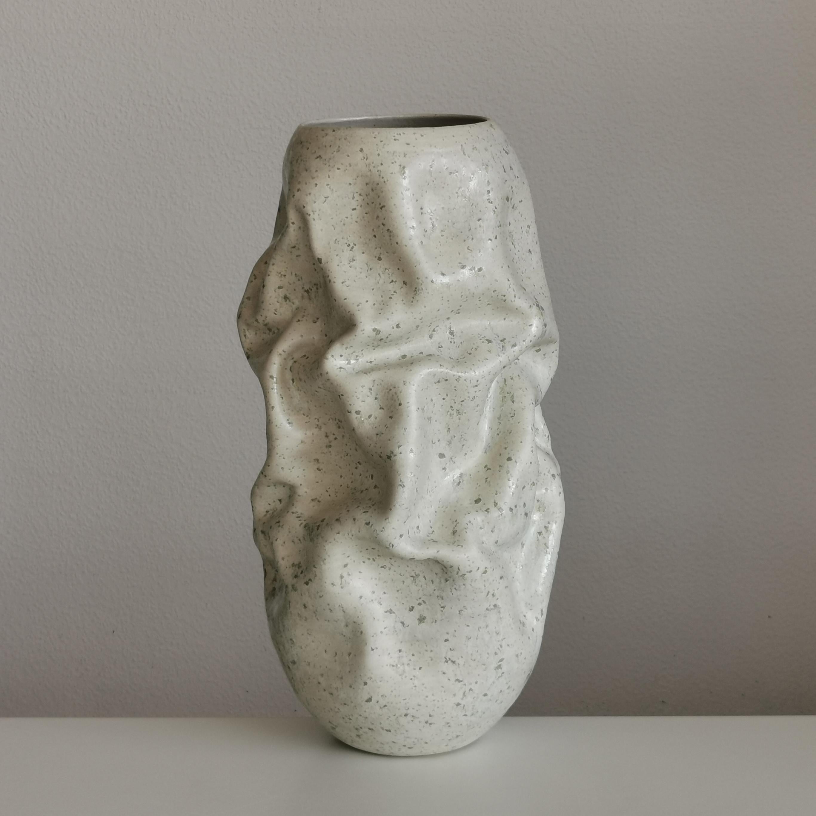 Spanish Medium White Crumpled Form, Green Chrystals, Vessel No.128, Ceramic Sculpture For Sale