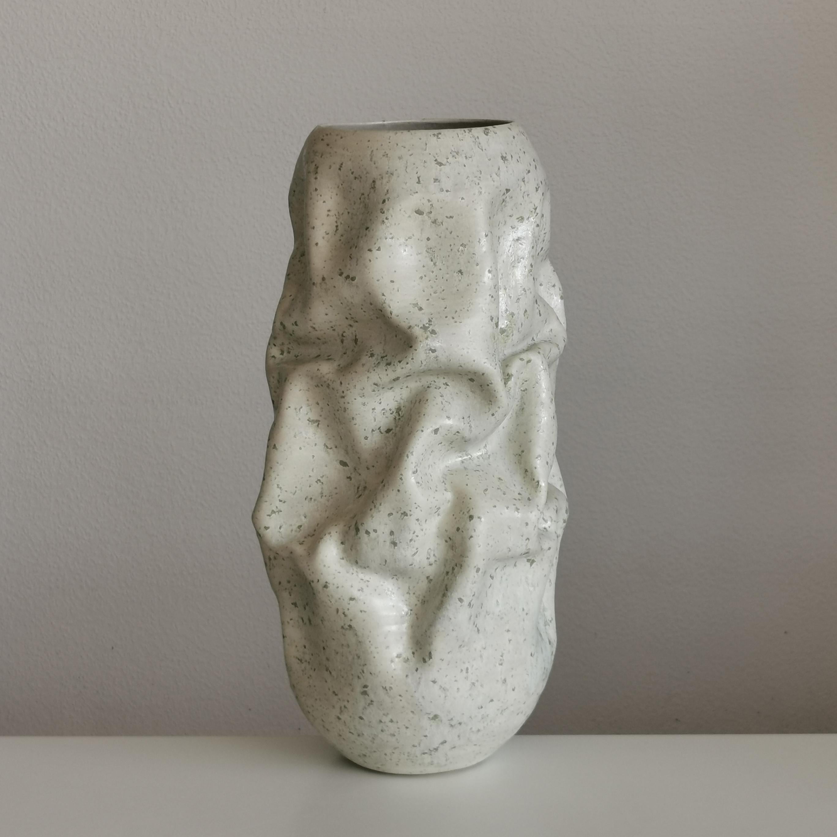Contemporary Medium White Crumpled Form, Green Chrystals, Vessel No.128, Ceramic Sculpture For Sale