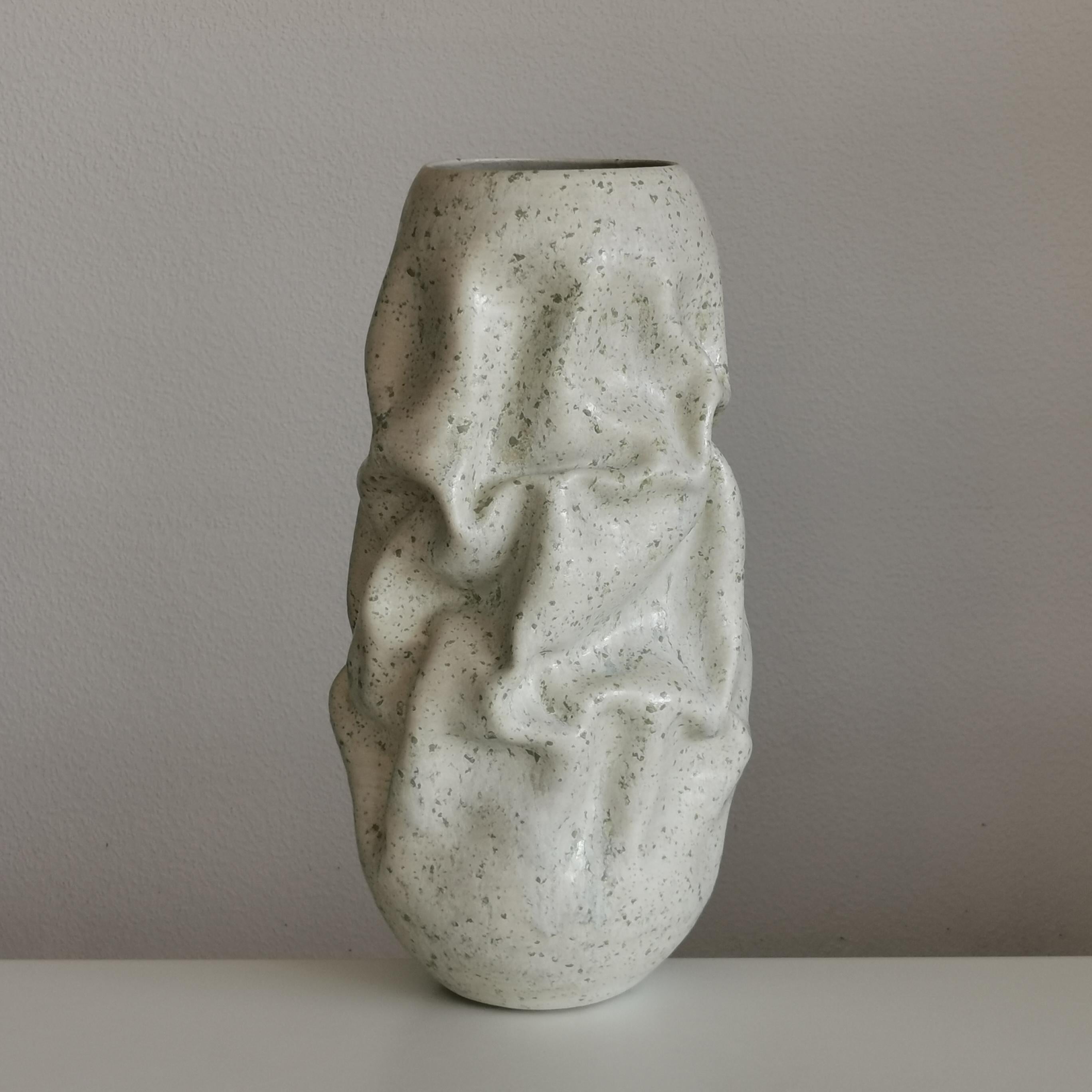 Medium White Crumpled Form, Green Chrystals, Vessel No.128, Ceramic Sculpture For Sale 1