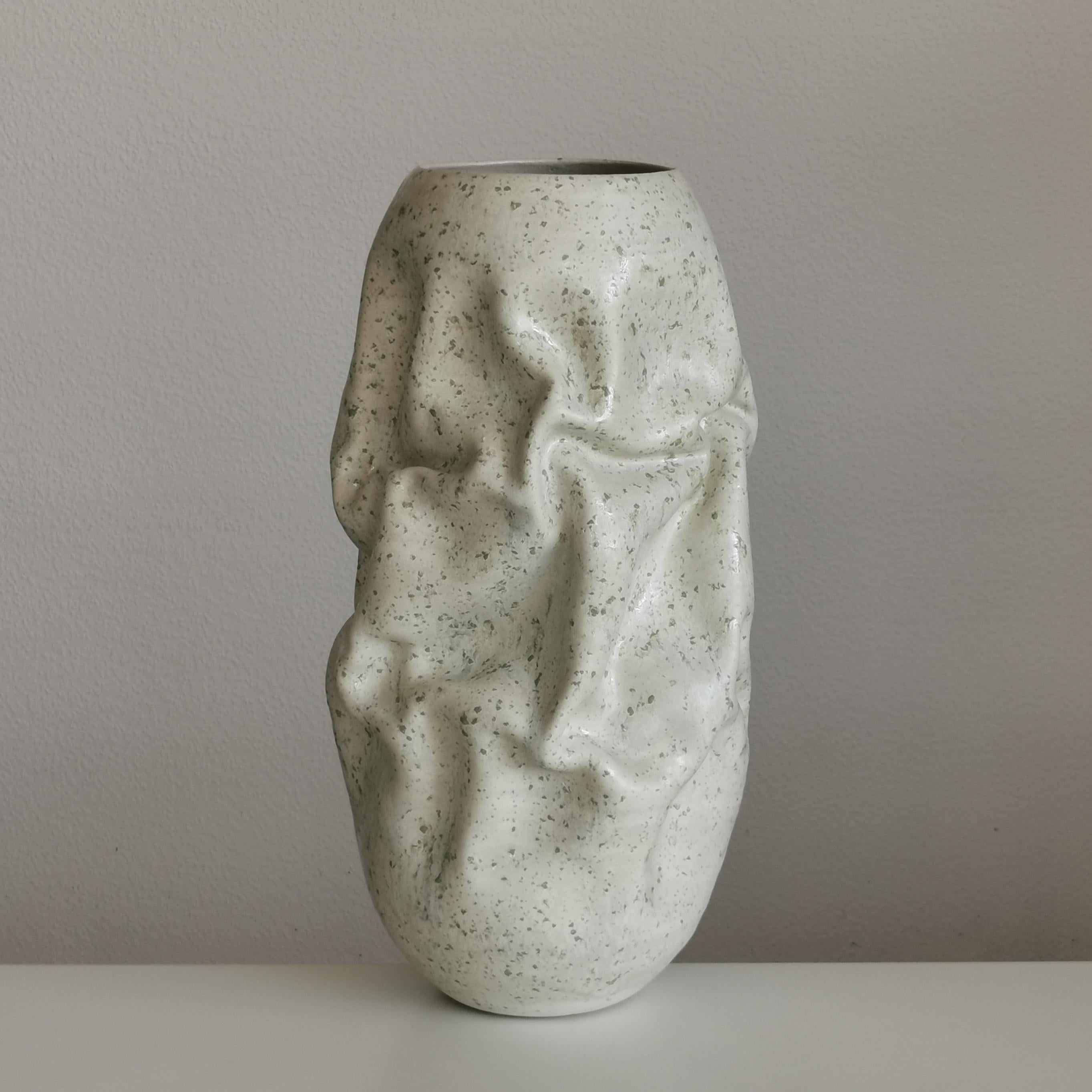 Medium White Crumpled Form, Green Chrystals, Vessel No.128, Ceramic Sculpture For Sale 2