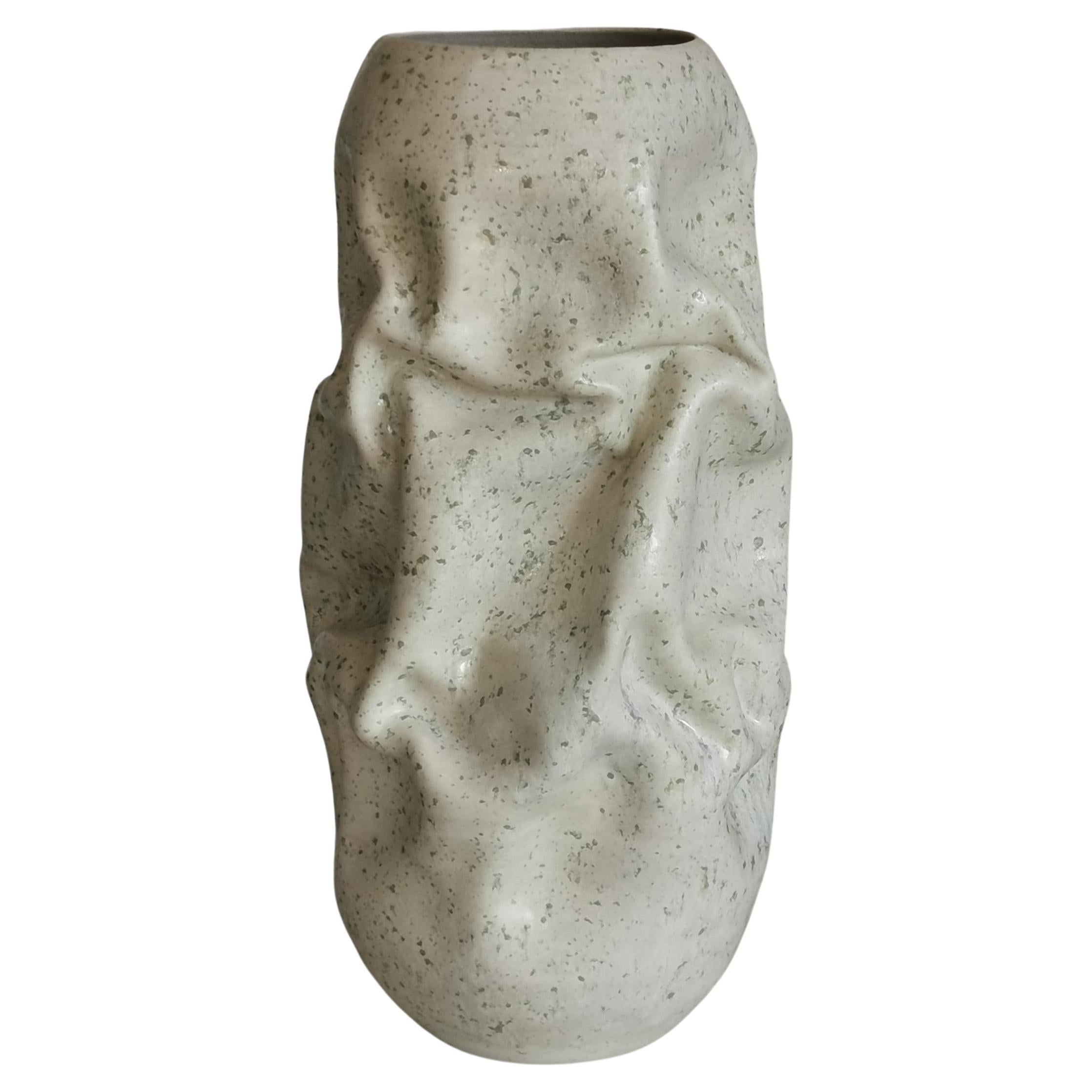 Medium White Crumpled Form, Green Chrystals, Vessel No.128, Ceramic Sculpture For Sale