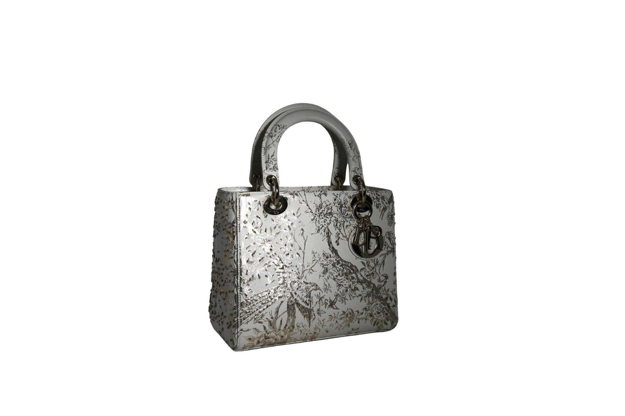 Gray Medium White Embroidered Lady Dior