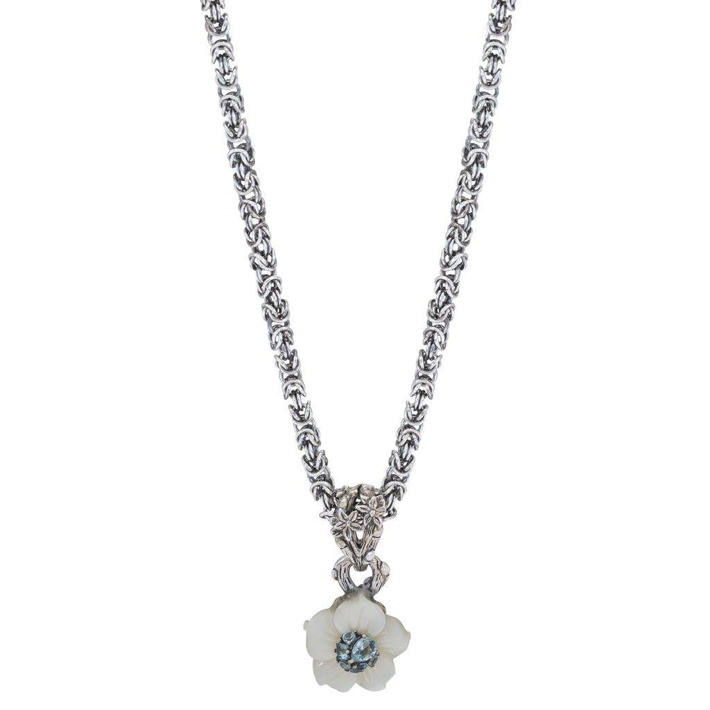 Artisan Medium White Mother-of-Pearl Flower Pendant with Swiss Blue Topaz For Sale