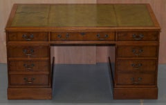 Medium Yew Wood Twin Pedestal Partner Desk Green Leather Gold Leaf Embossed Top