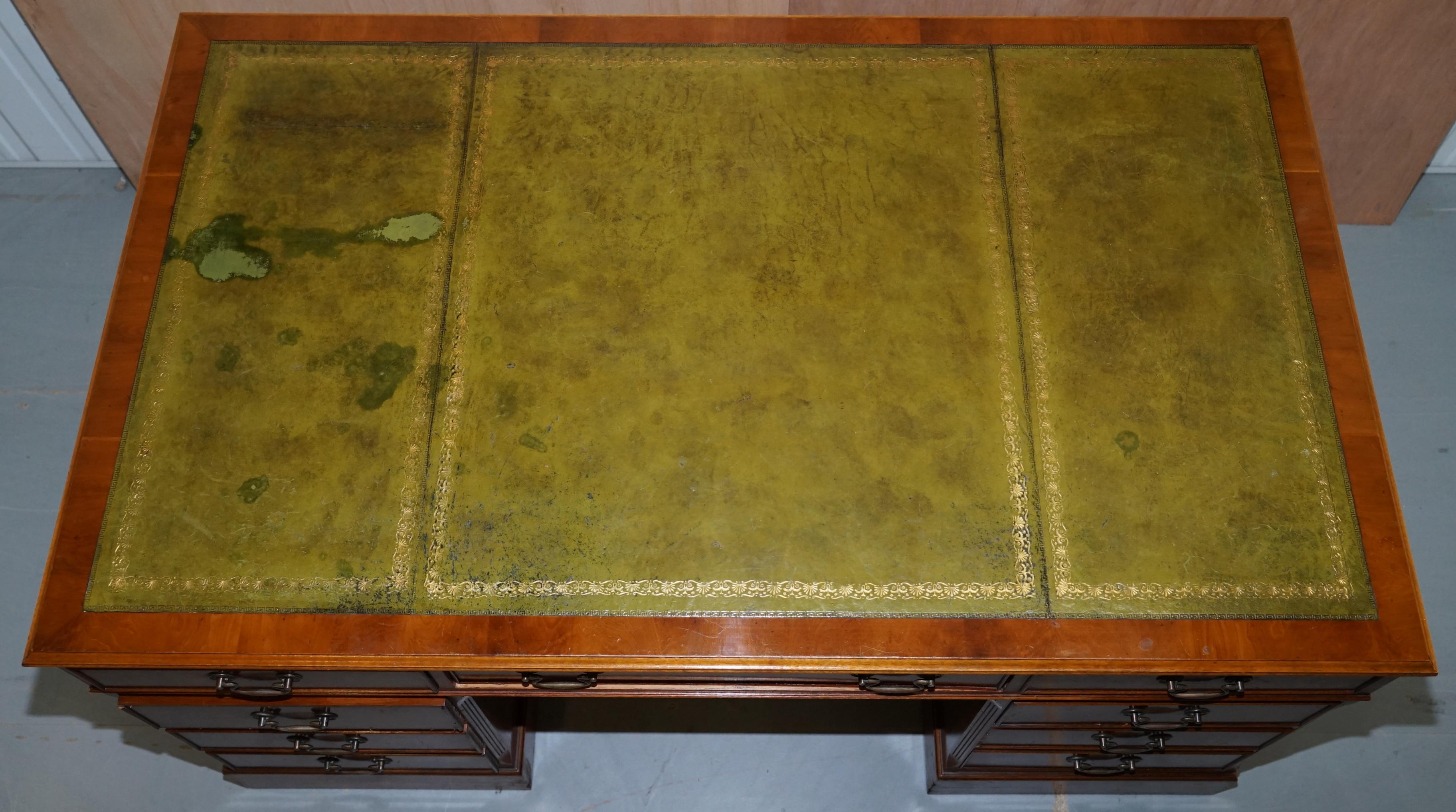 Modern Medium Yew Wood Twin Pedestal Partner Desk Green Leather Gold Leaf Embossed Top