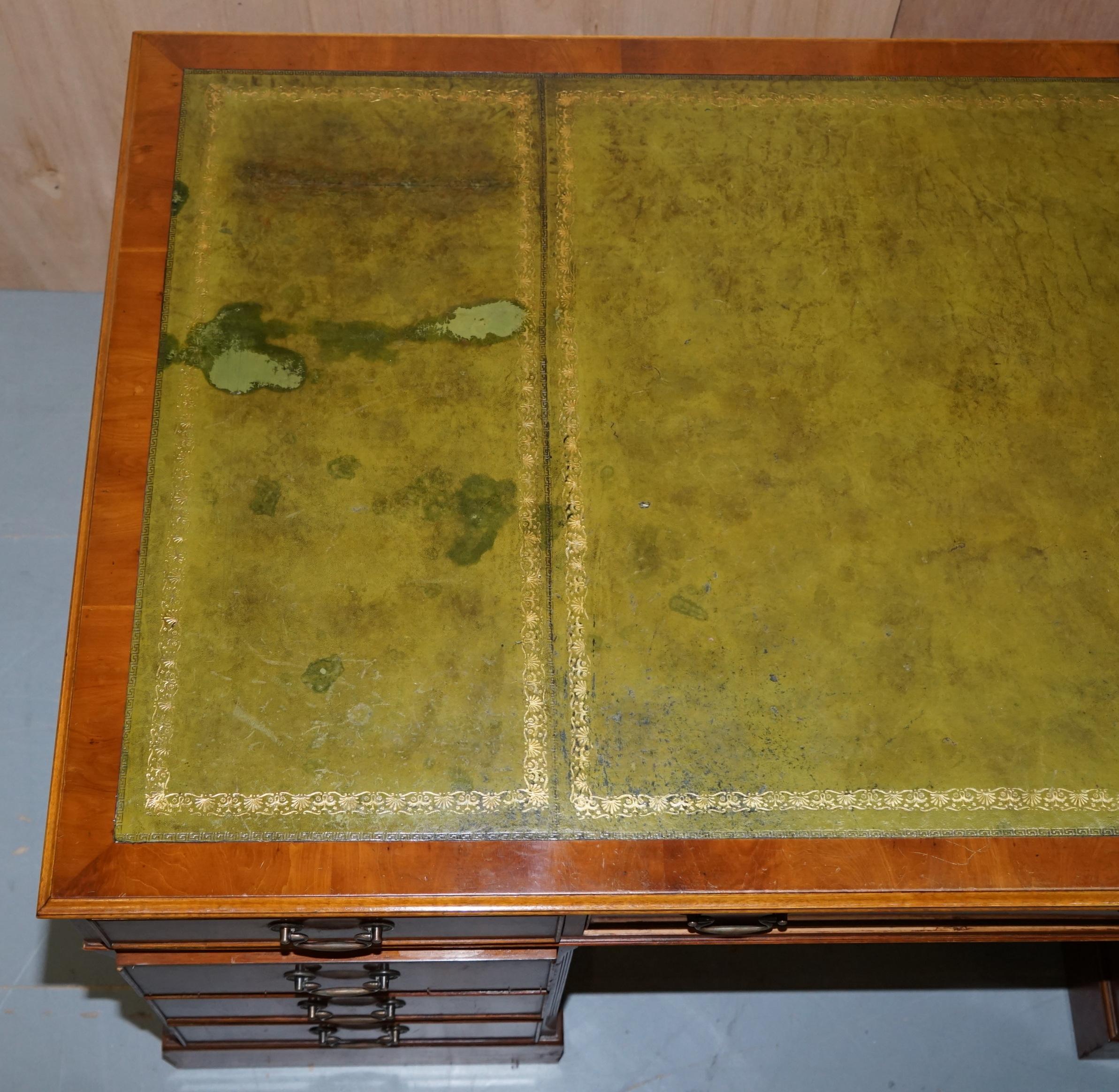 English Medium Yew Wood Twin Pedestal Partner Desk Green Leather Gold Leaf Embossed Top