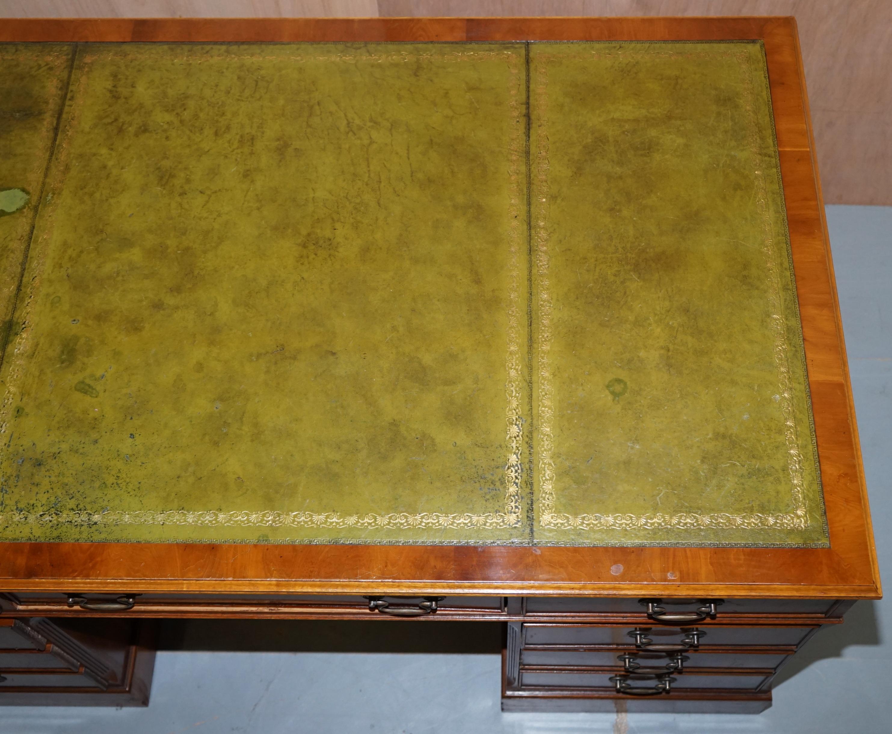 Hand-Crafted Medium Yew Wood Twin Pedestal Partner Desk Green Leather Gold Leaf Embossed Top