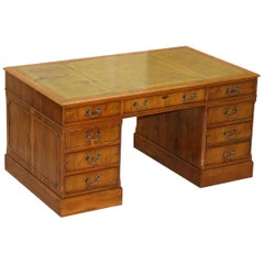 Medium Yew Wood Twin Pedestal Partner Desk Green Leather Gold Leaf Embossed Top