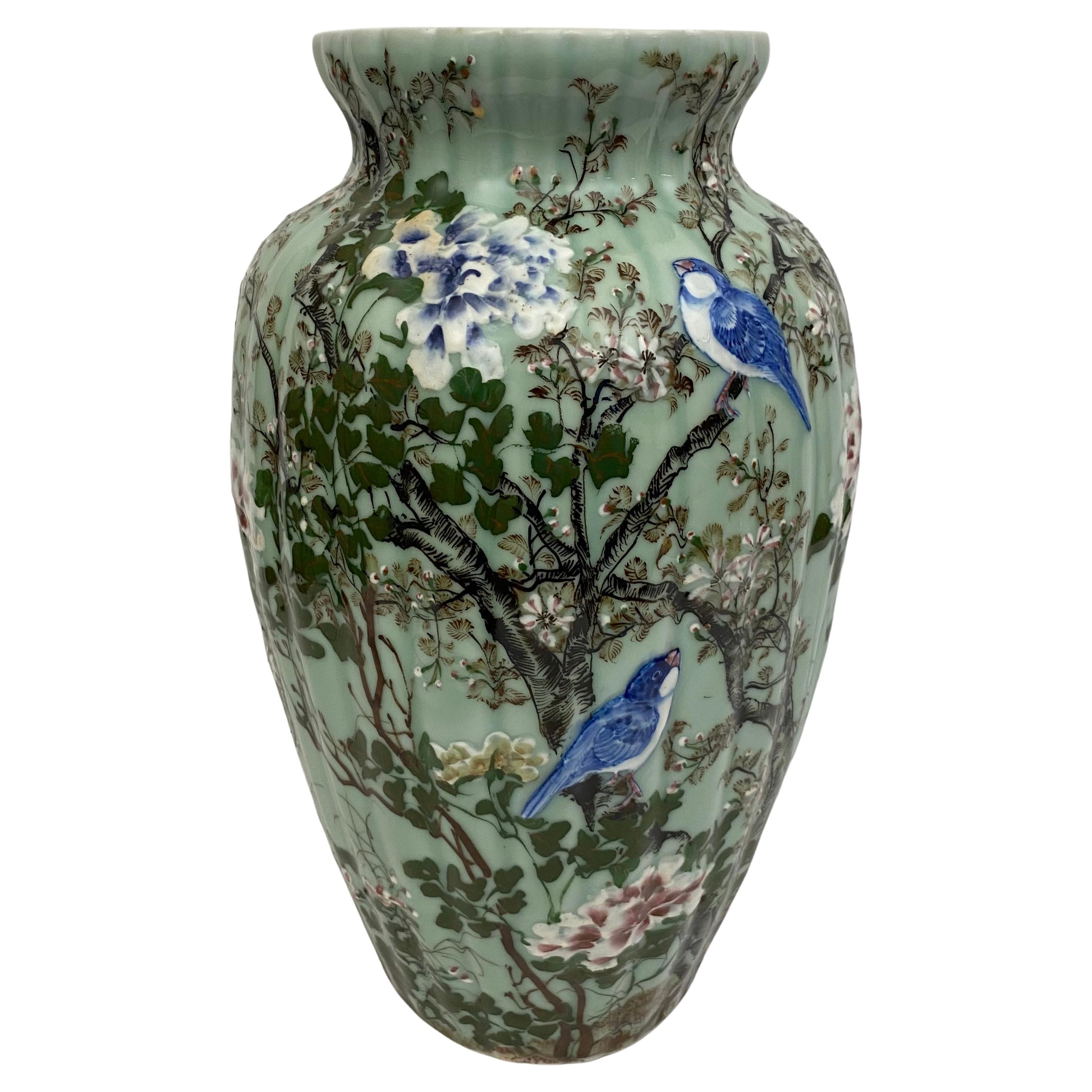 Medji Period High Relief Porcelain Celadon Vase, circa 1900