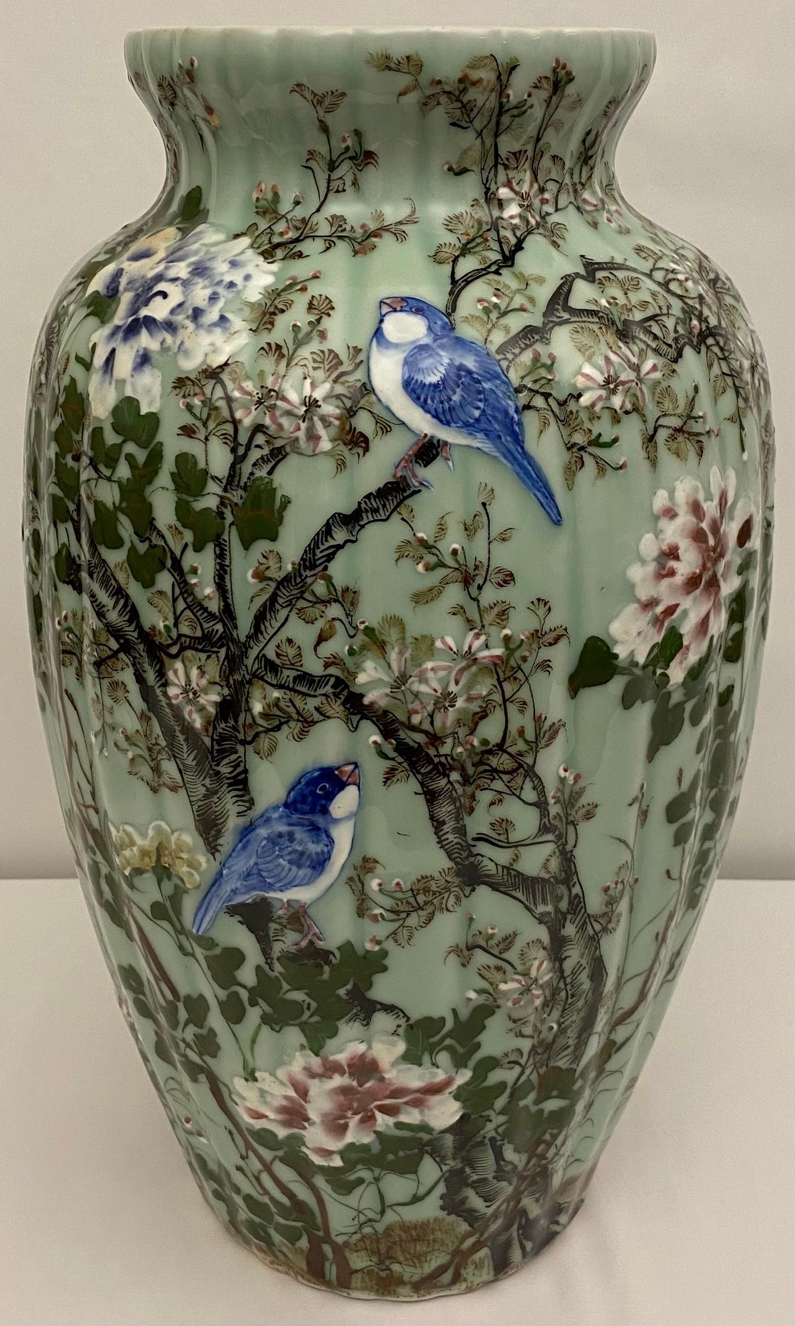 Japanese Medji Period High Relief Porcelain Celadon Vase, circa 1900 For Sale