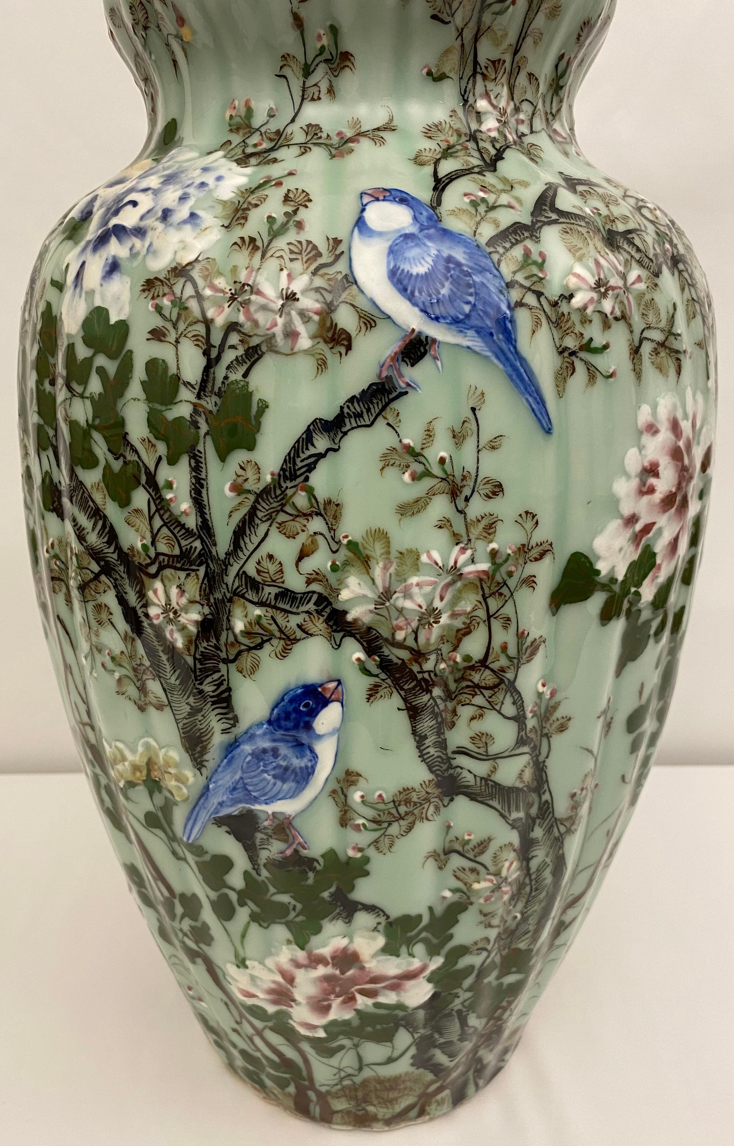 Glazed Medji Period High Relief Porcelain Celadon Vase, circa 1900 For Sale