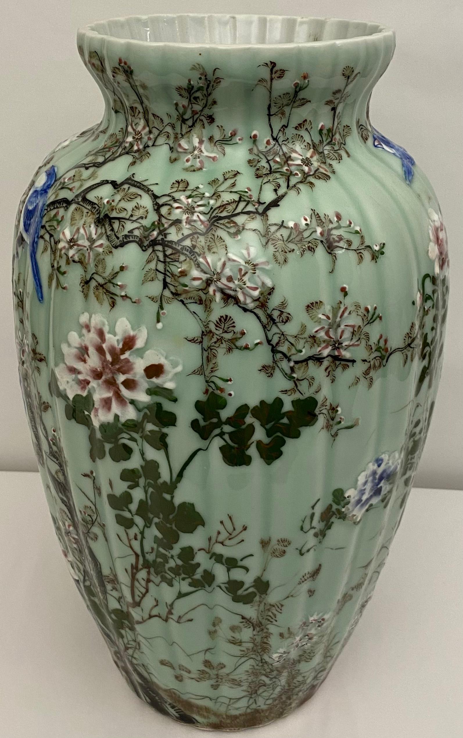 Medji Period High Relief Porcelain Celadon Vase, circa 1900 In Good Condition For Sale In Miami, FL