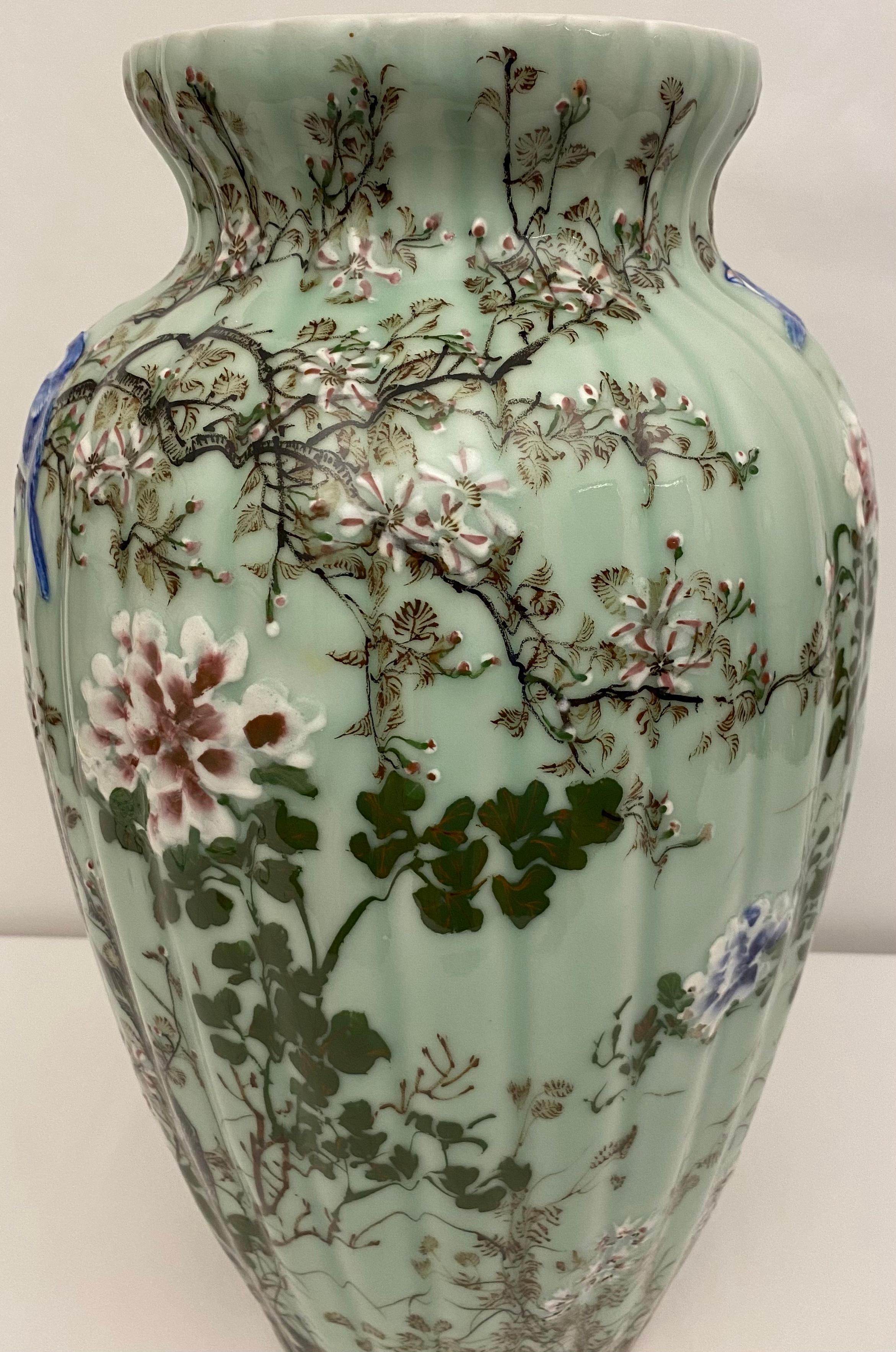 20th Century Medji Period High Relief Porcelain Celadon Vase, circa 1900 For Sale