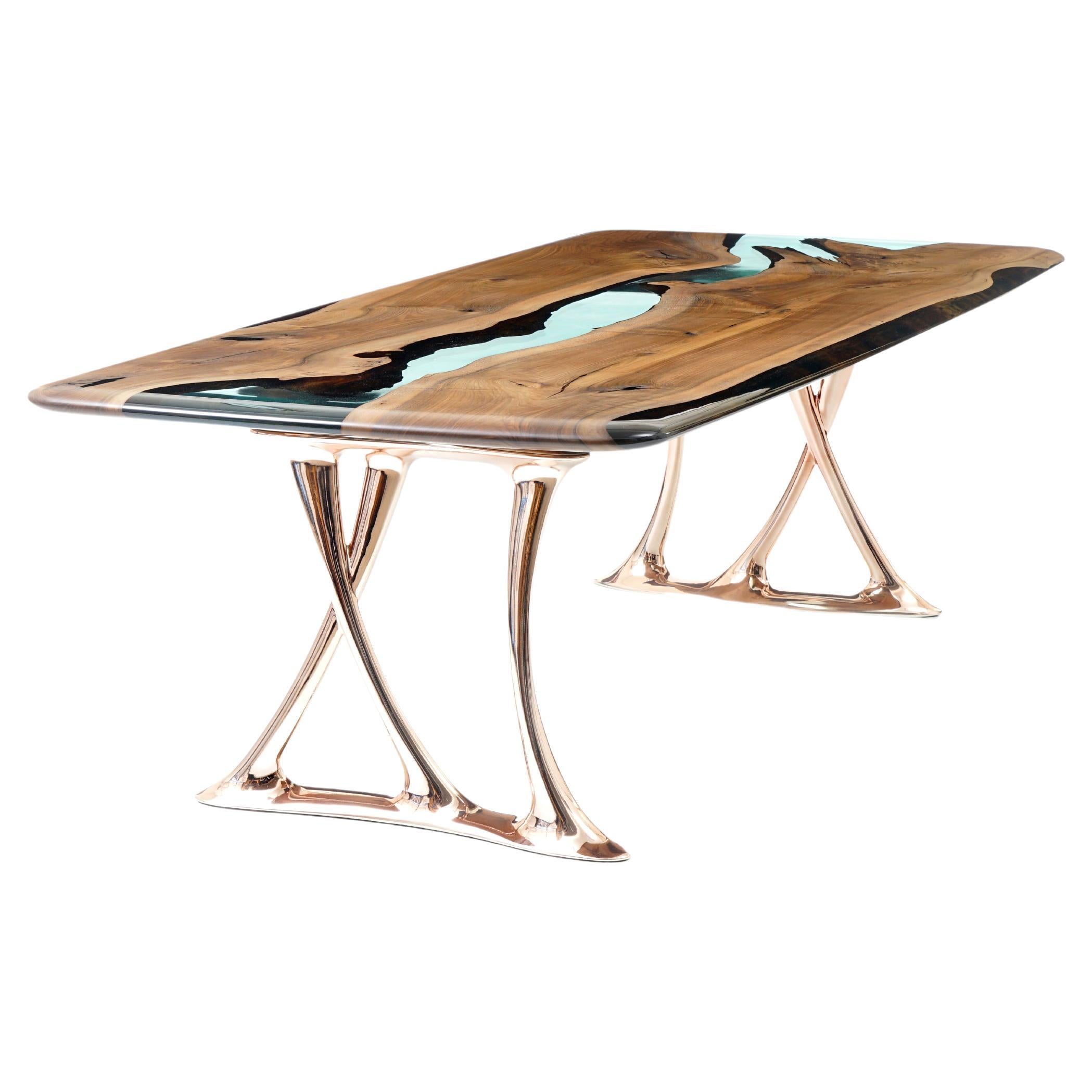 Medma Dining Table: Cast Aluminum Walnut Resin Table