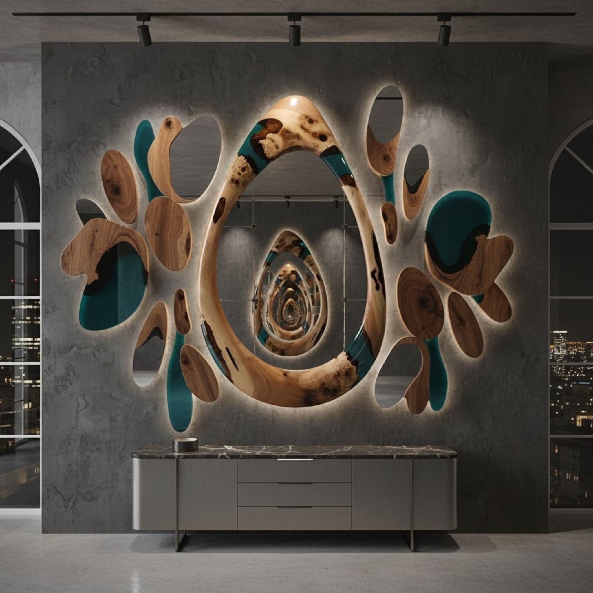 Questo specchio non è un semplice accessorio funzionale, ma un'opera d'arte che aggiunge eleganza a qualsiasi stanza. È realizzato a mano con cura e precisione, utilizzando una combinazione unica di materiali che crea un effetto visivo