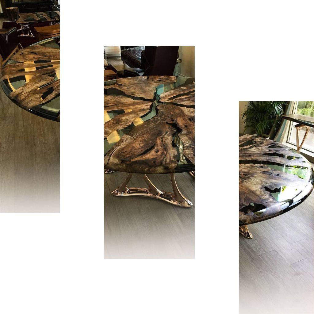 Organique Table de salle à manger ronde Medma : bois d'olivier haut de gamme, aluminium coulé en vente