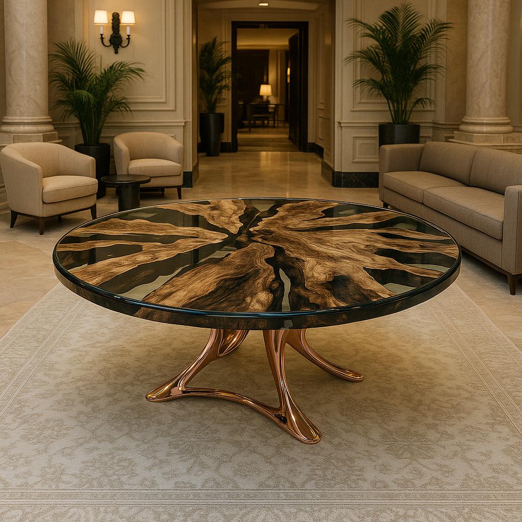 Organique Table de salle à manger ronde Medma : bois d'olivier haut de gamme, aluminium coulé en vente