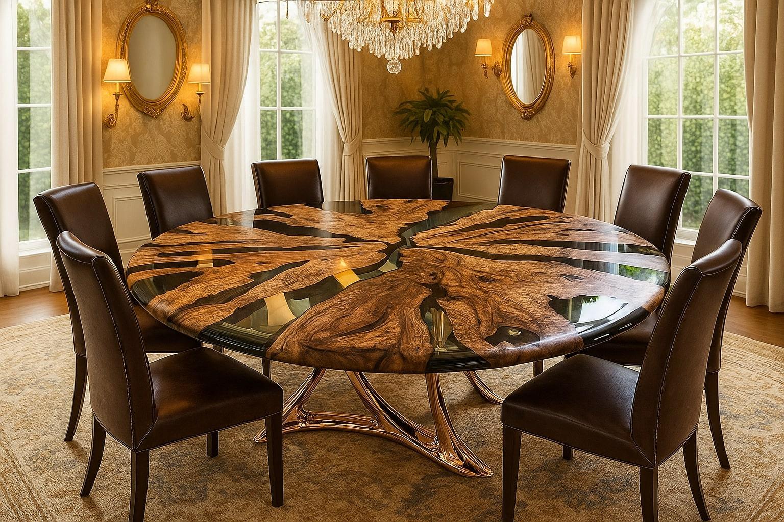 Organique Table de salle à manger ronde Medma : bois d'olivier haut de gamme, aluminium coulé en vente