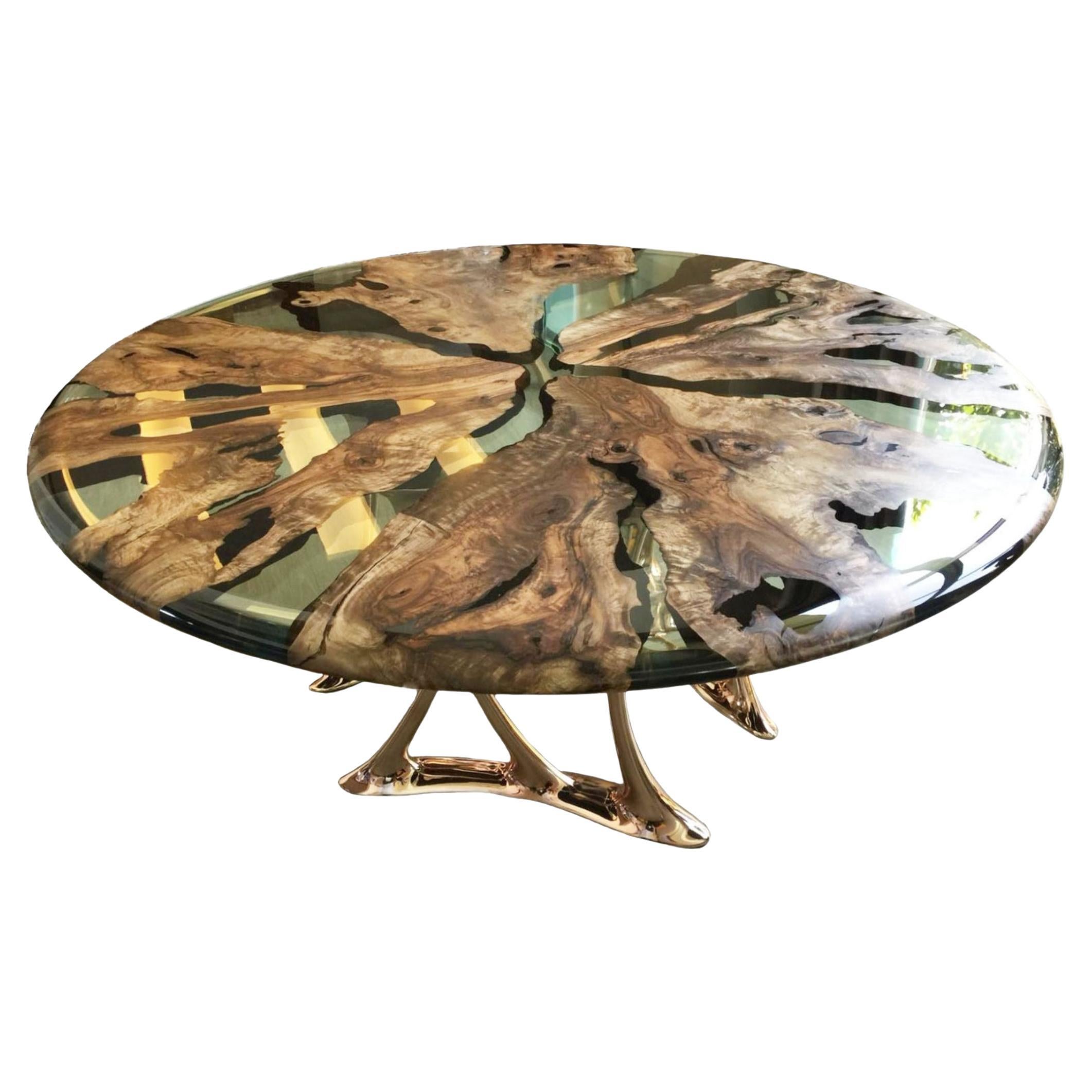 Table de salle à manger ronde Medma : bois d
olivier haut de gamme, aluminium coulé