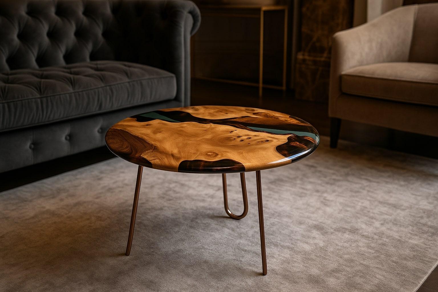 Turc Table d'appoint ronde Medma en noyer et résine cristalline en vente