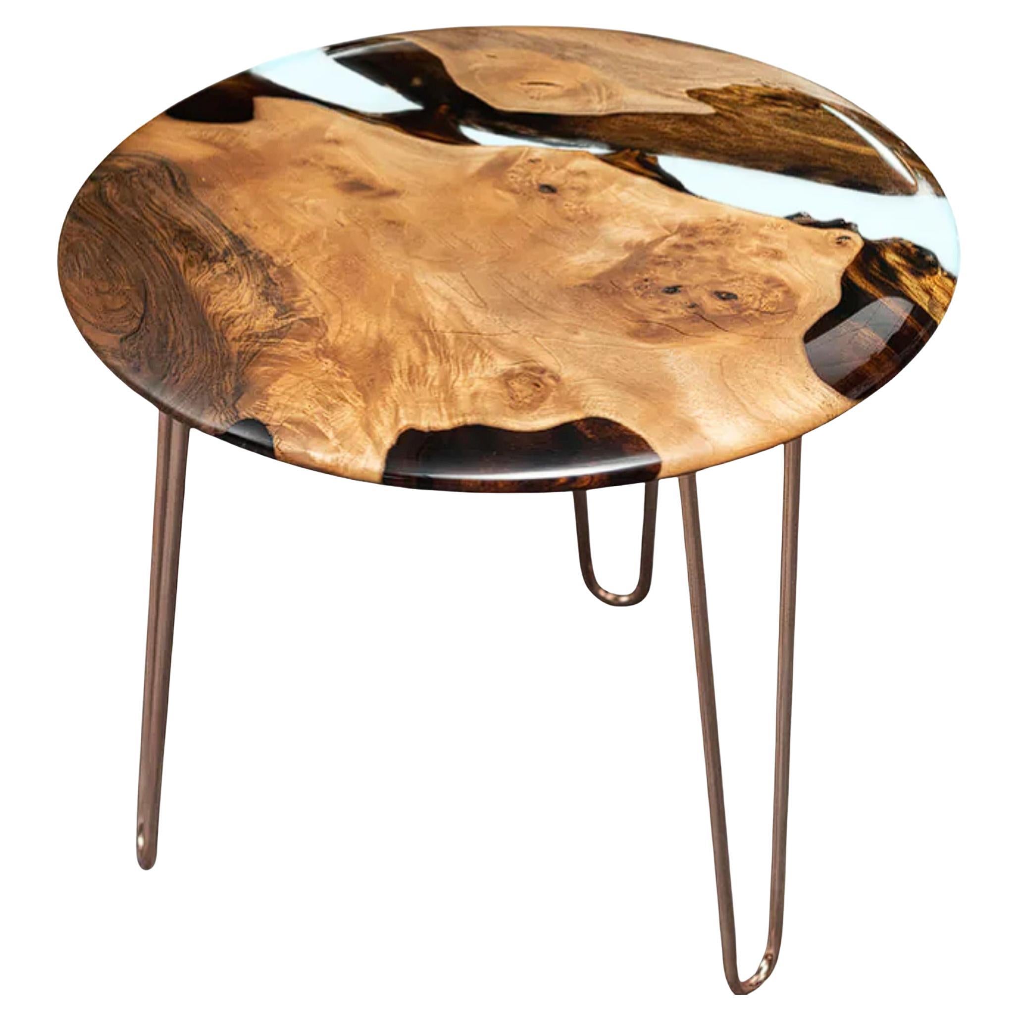 Medma Round Walnut & Crystal Clear Resin End Side Table For Sale