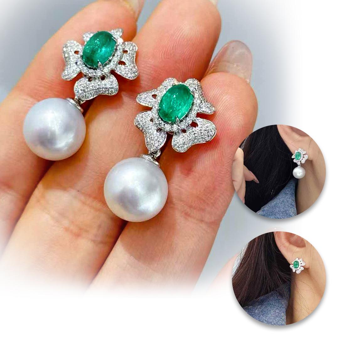 Uncut 【Vine Symphony】Medusa Bloom Convertible Emerald & South Sea Pearl Earrings For Sale