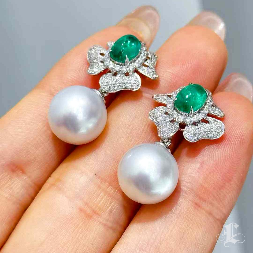 Women's 【Vine Symphony】Medusa Bloom Convertible Emerald & South Sea Pearl Earrings For Sale