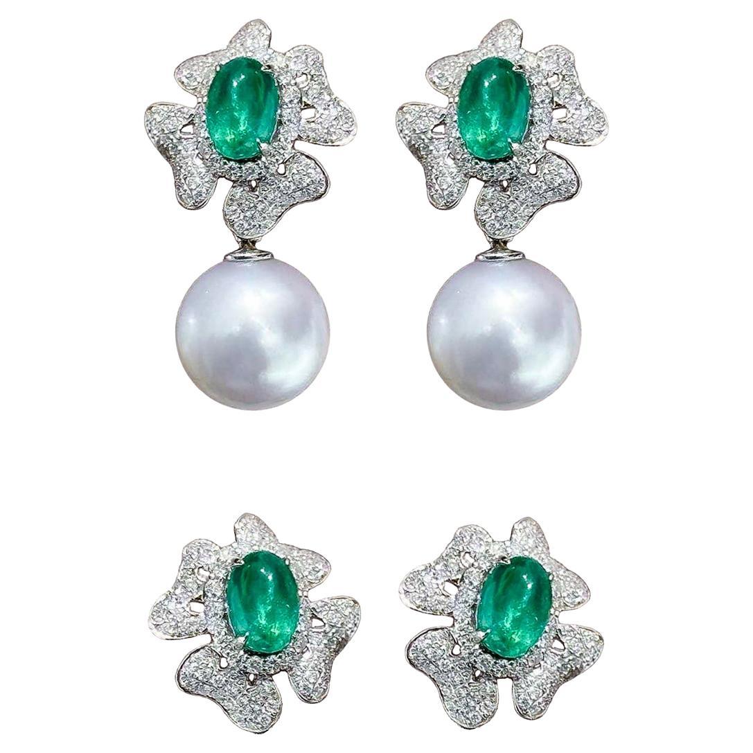 【Vine Symphony】Medusa Bloom Convertible Emerald & South Sea Pearl Earrings
