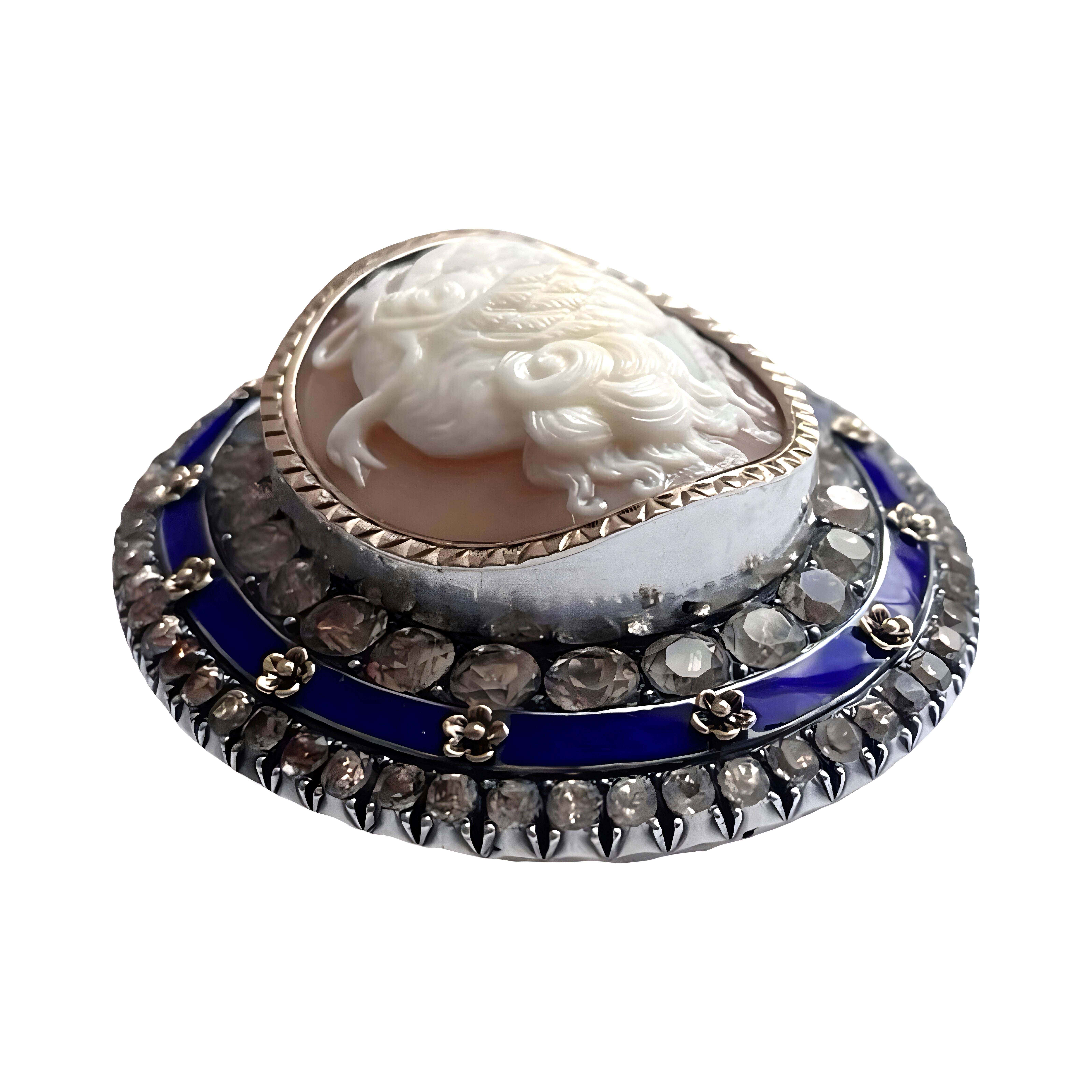 Medusa carved shell antique Cameo, 925 sterling silver, blue enamel, Victorian For Sale 4