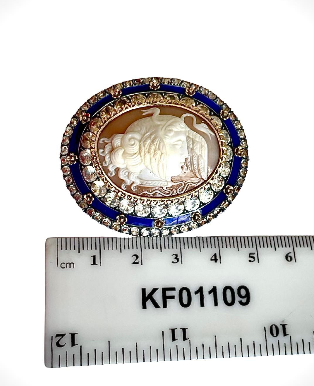 Medusa carved shell antique Cameo, 925 sterling silver, blue enamel, Victorian For Sale 6