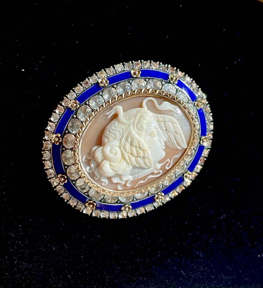 Medusa carved shell antique Cameo, 925 sterling silver, blue enamel, Victorian For Sale 7