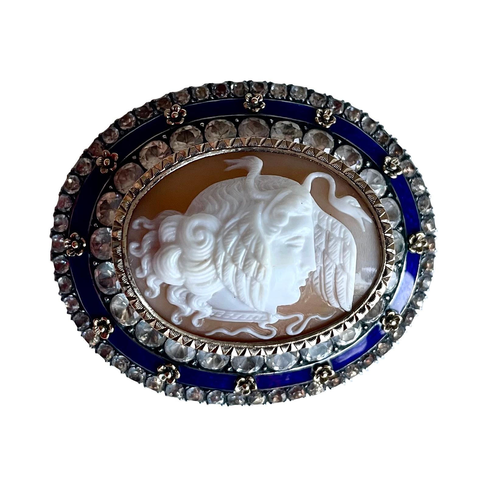 Medusa carved shell antique Cameo, 925 sterling silver, blue enamel, Victorian For Sale 1