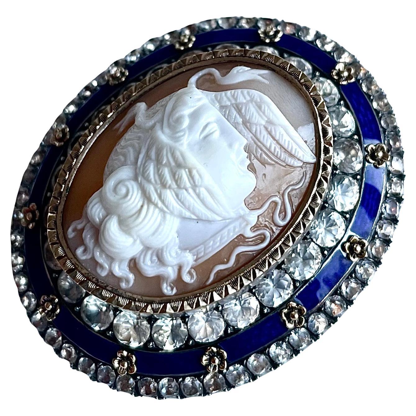 Medusa carved shell antique Cameo, 925 sterling silver, blue enamel, Victorian