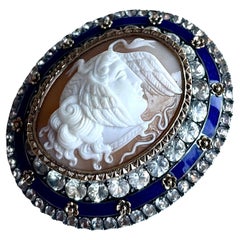 Medusa carved shell antique Cameo, 925 sterling silver, blue enamel, Victorian