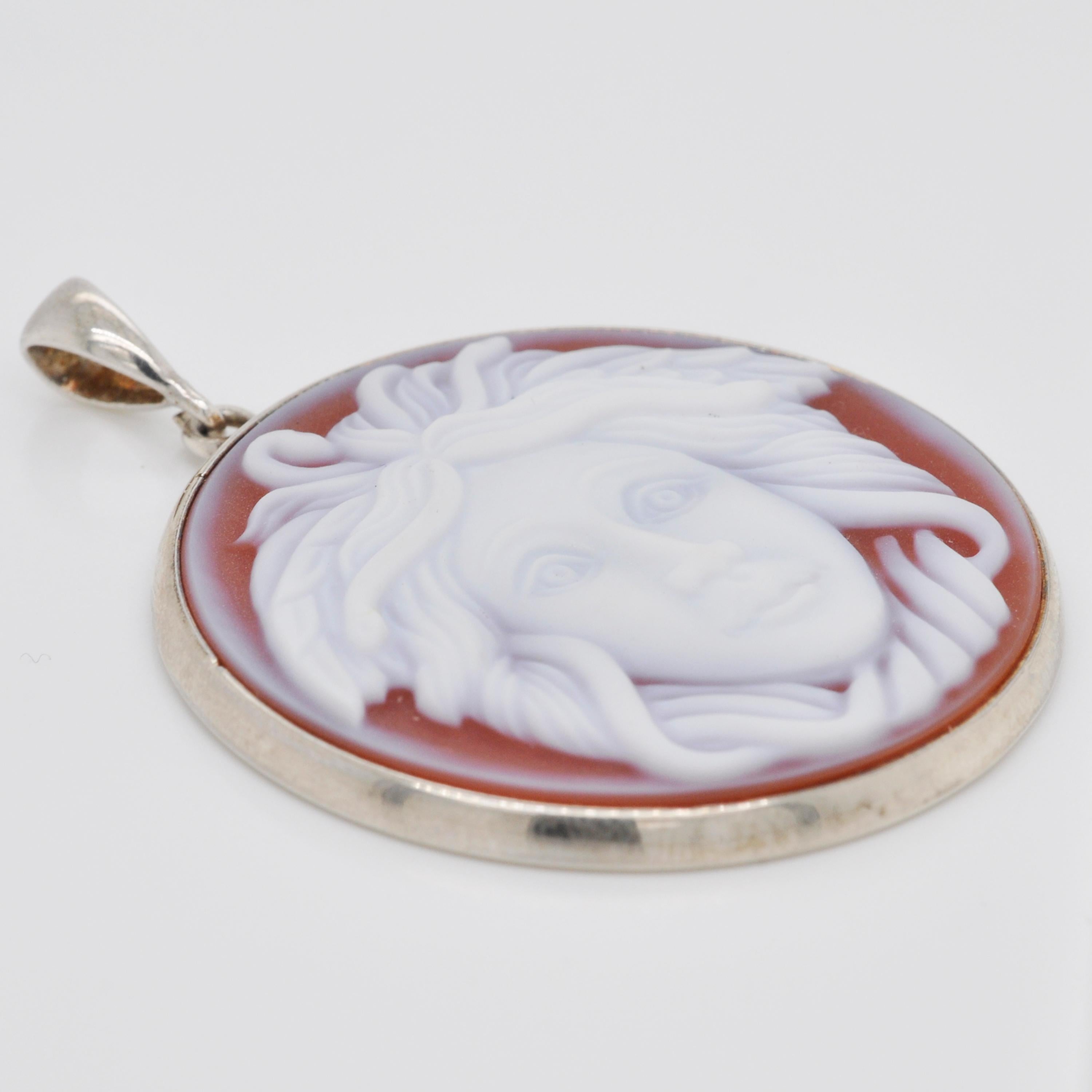 Mixed Cut Medusa Versace Carving Agate Cameo Sterling Silver Pendant Necklace For Sale