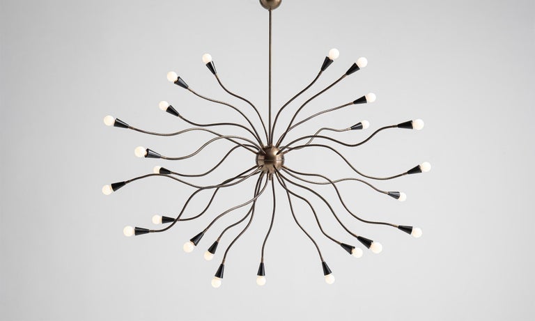 Metamorphic chandelier with 25 articulating brass arms and painted black metal shades.
   