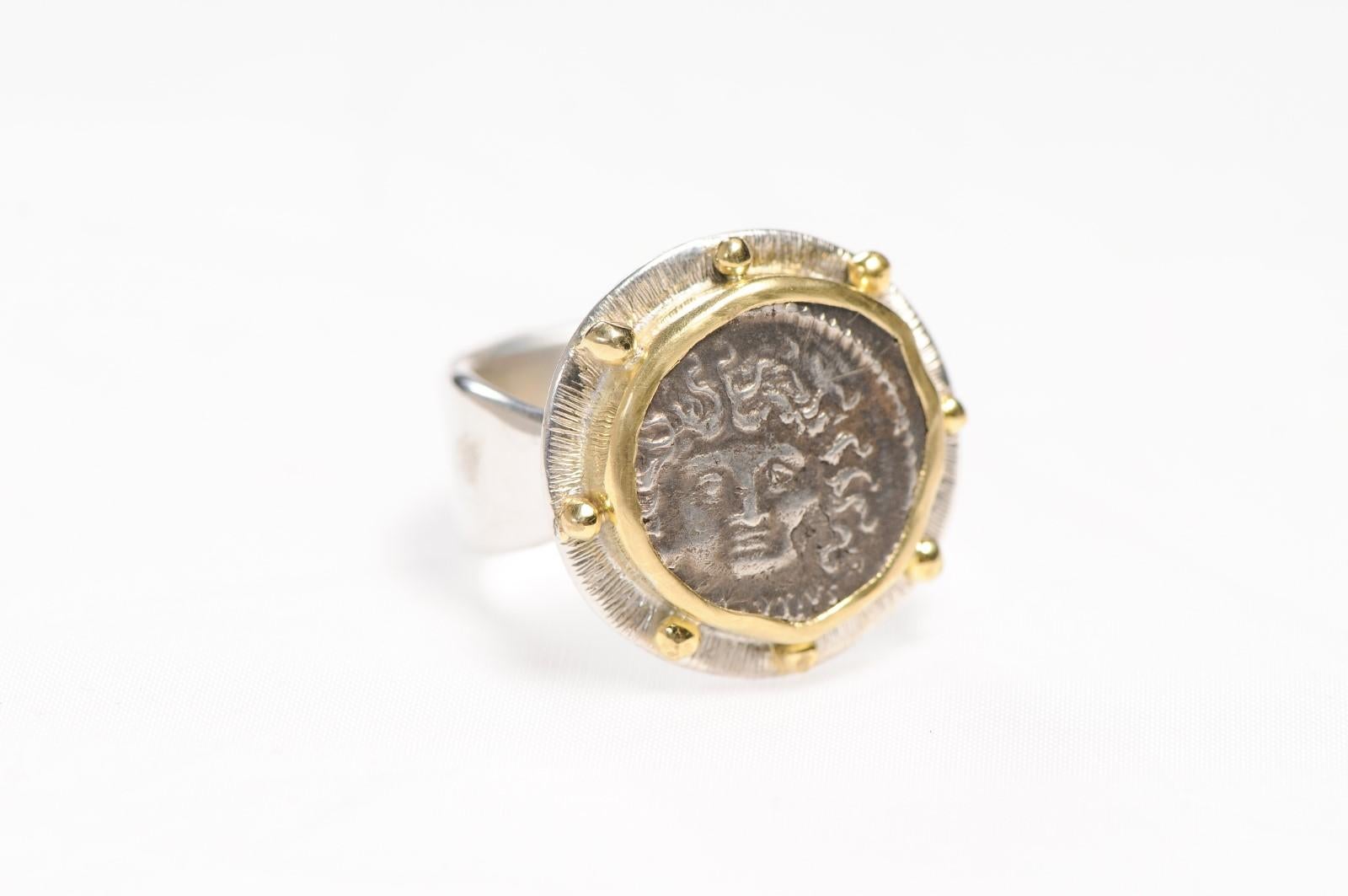 Classical Greek Medusa Coin Ring18kt Gold Setting, Size 8.5 For Sale
