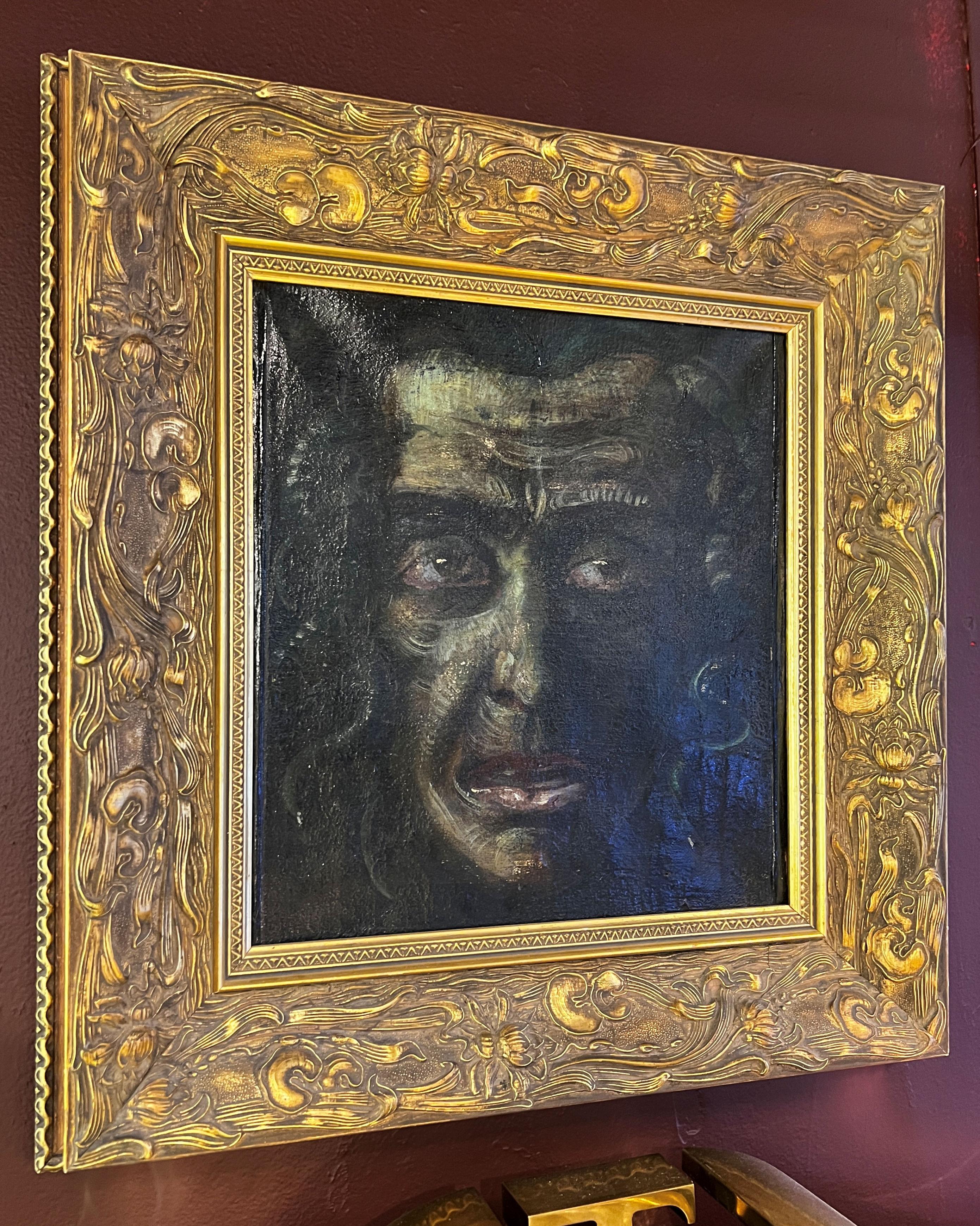 Our haunting and beautiful portrait on canvas of Medusa was painted by the Austrian-born artist Karel Eichhoff (1899-?).  Stretcher measures 12.25 by 13.25 inches and the period giltwood frame measures 20 by 21 inches. Signed in lower right. With