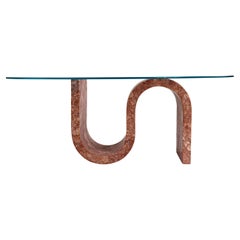 S Line Base Red Travertine Coffee Table with Transparent Glass Top by RAFFINATO