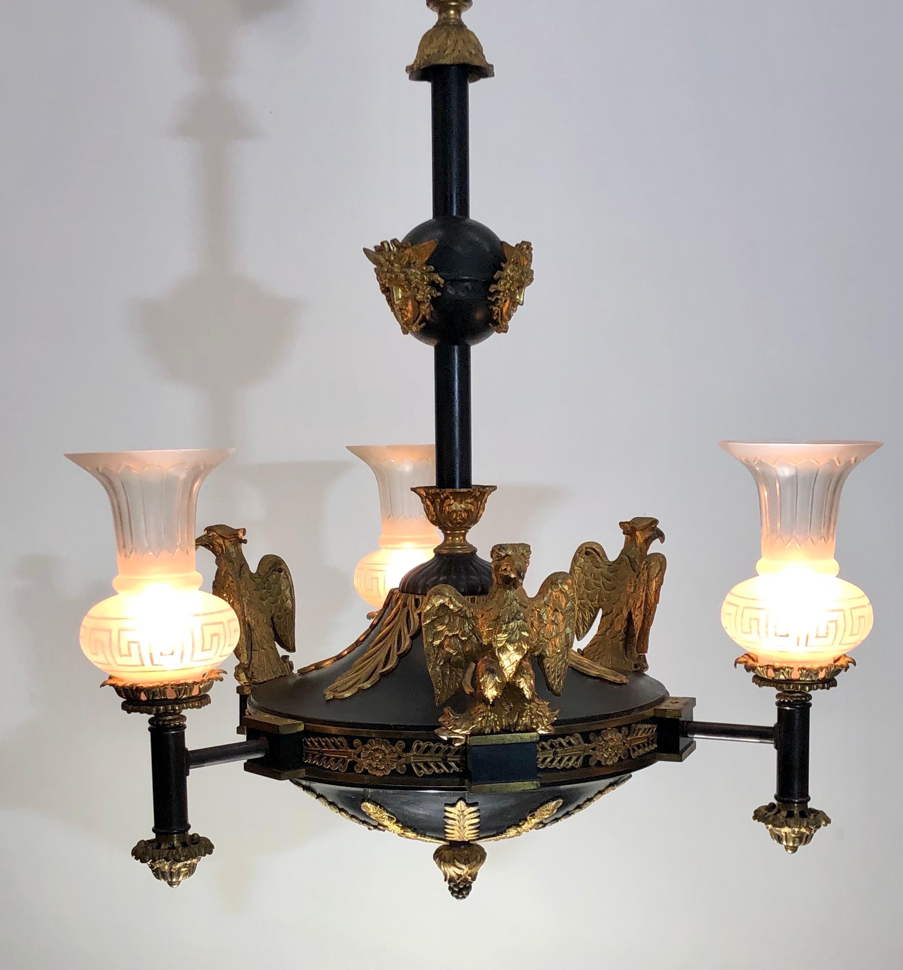  Medusa Rondanini and Eagle Mounted French Empire Bronze Gasolier / Chandelier In Good Condition For Sale In Charleston, SC