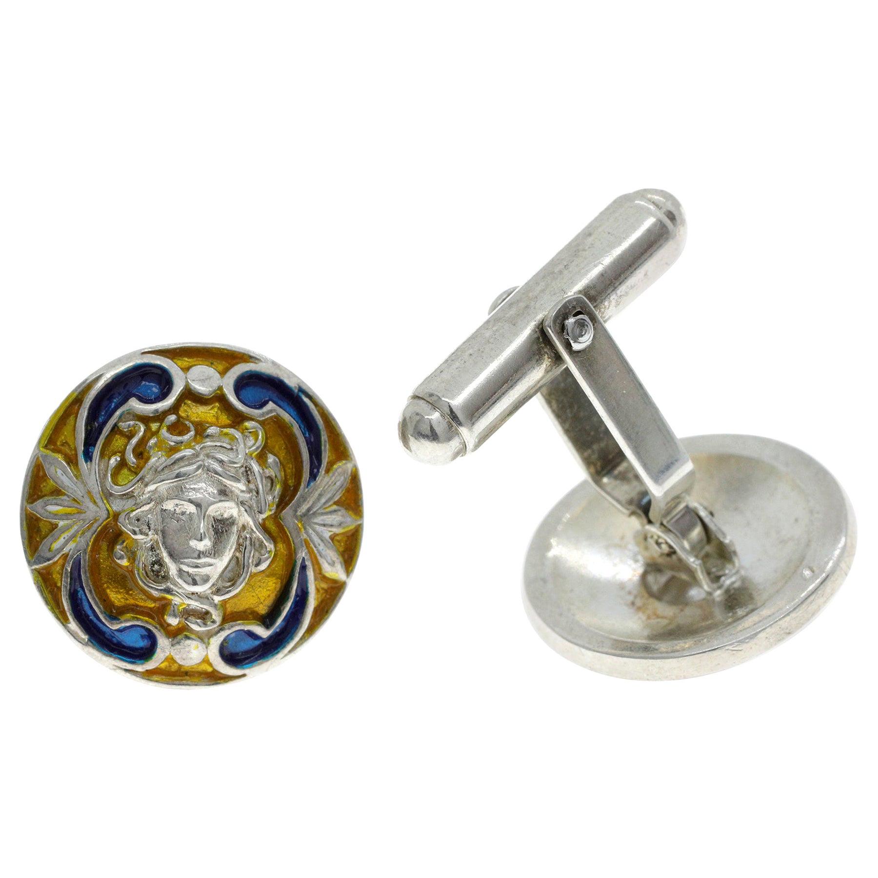 21st Century .925 Silver Enamelled in Gold and Blue "Medusa" Cufflinks