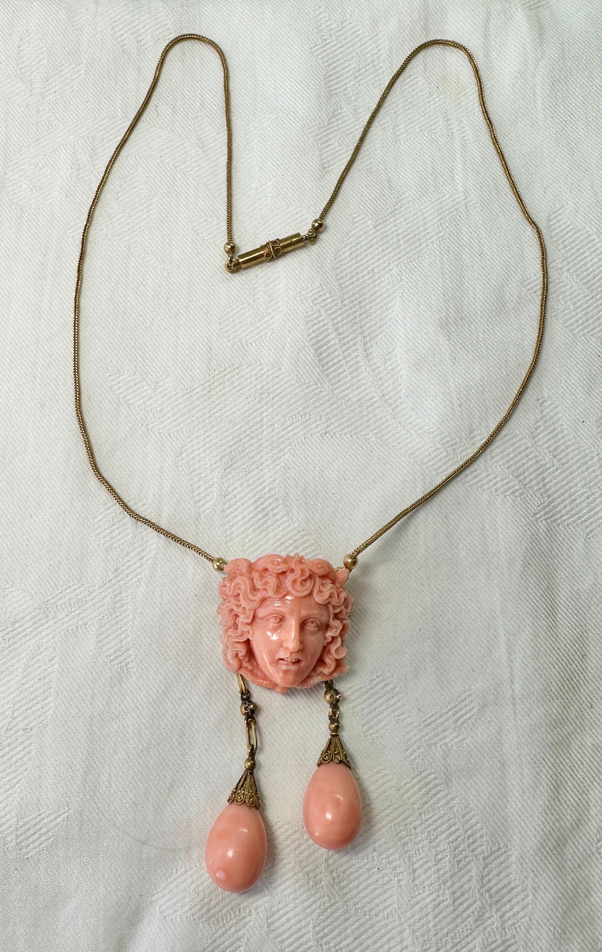 Portrait Cut Medusa Snake Coral Necklace Antique Etruscan Victorian 14 Karat Gold Neoclassic For Sale