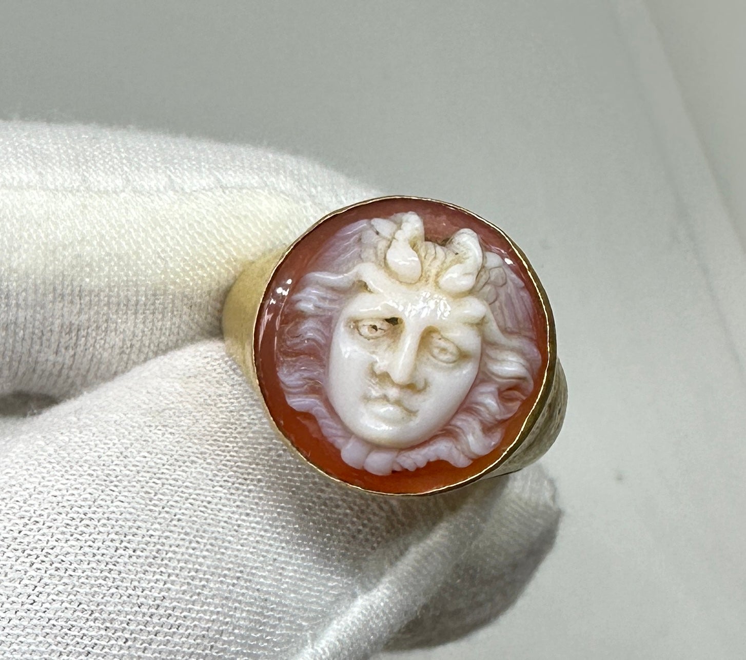Portrait Cut Medusa Snake Hardstone Cameo Ring 20 Karat Gold Museum Quality Antique Victorian